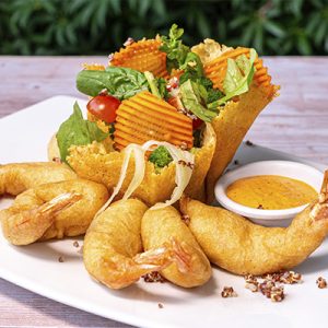 Langostino Orly al romesco